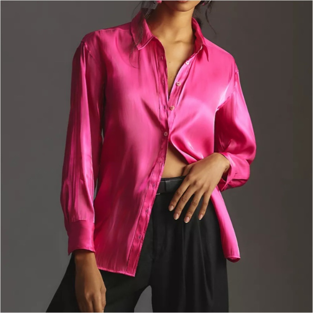 NWT Anthropologie Silky Iridescent Button Down Shirt size Medium in Bright Pink